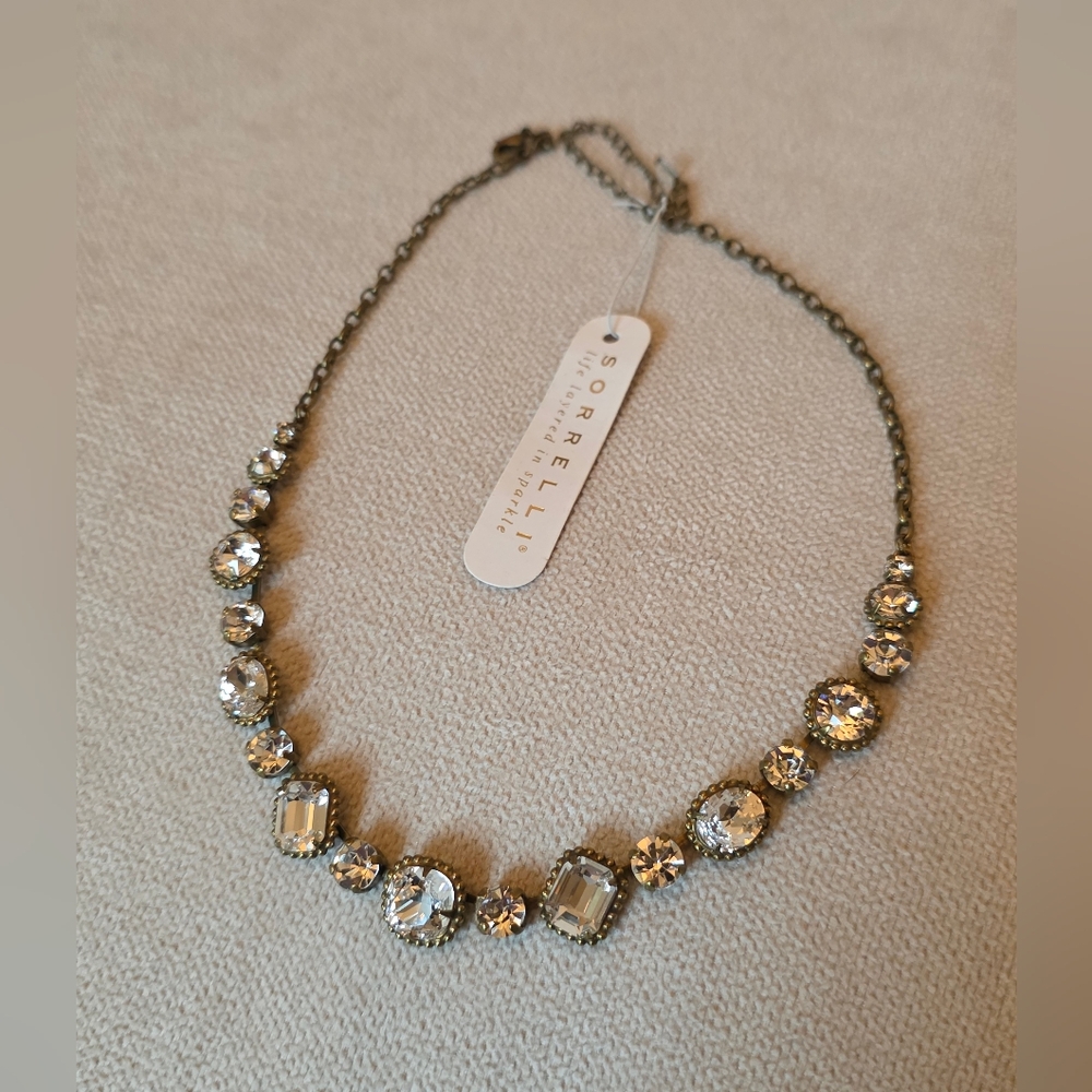 NWT Sorrelli Crystal Collar Necklace - Antique brass - Clear Stones